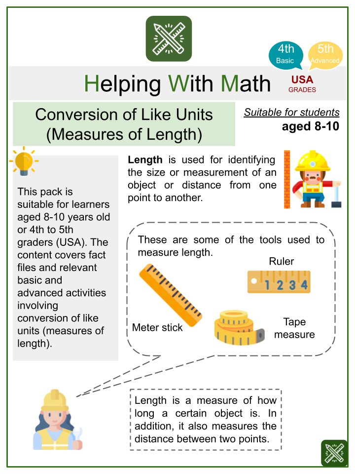 Conversion of Like Units (Measures of Length) (Labor Day Themed) Worksheets