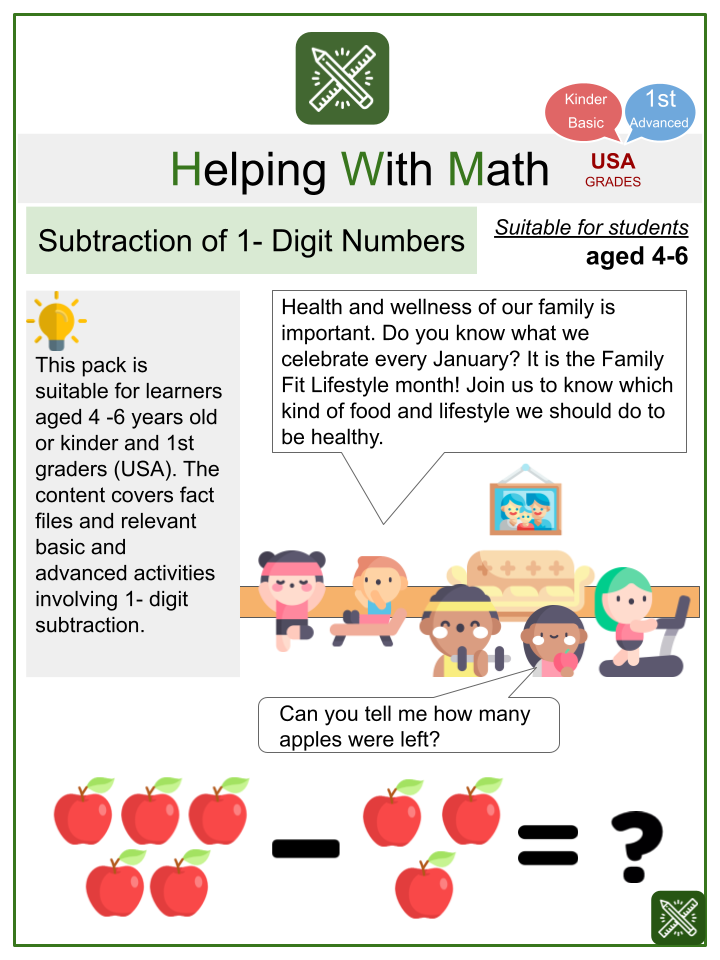 Subtraction of 1- Digit Numbers (Family Fit Lifestyle Month Themed) Math Worksheets