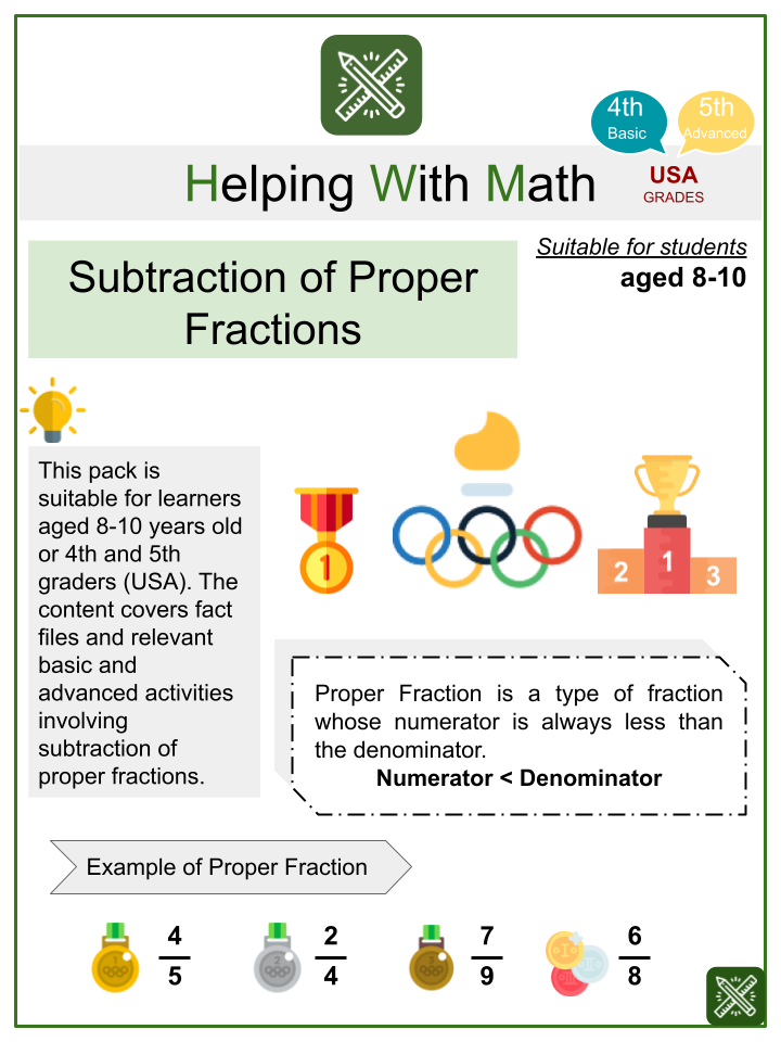 Subtraction of Proper Fractions Math Worksheets